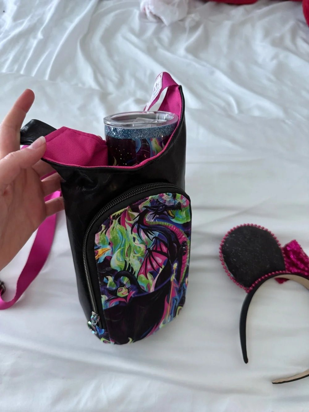 Disney Maleficent Neon Dragon Crossbody Water Bottle Bag and Ear Headband Set